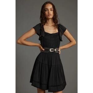 Anthropologie NWT Black Flutter Sleeve Square Neck Smocked Mini Dress Size M